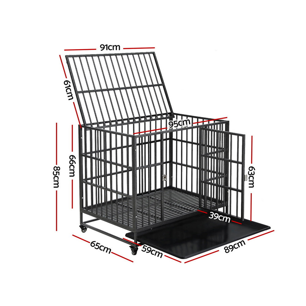 i.Pet Large Metal Dog Crate Anti-Bite Kennel Black Wheels Tray