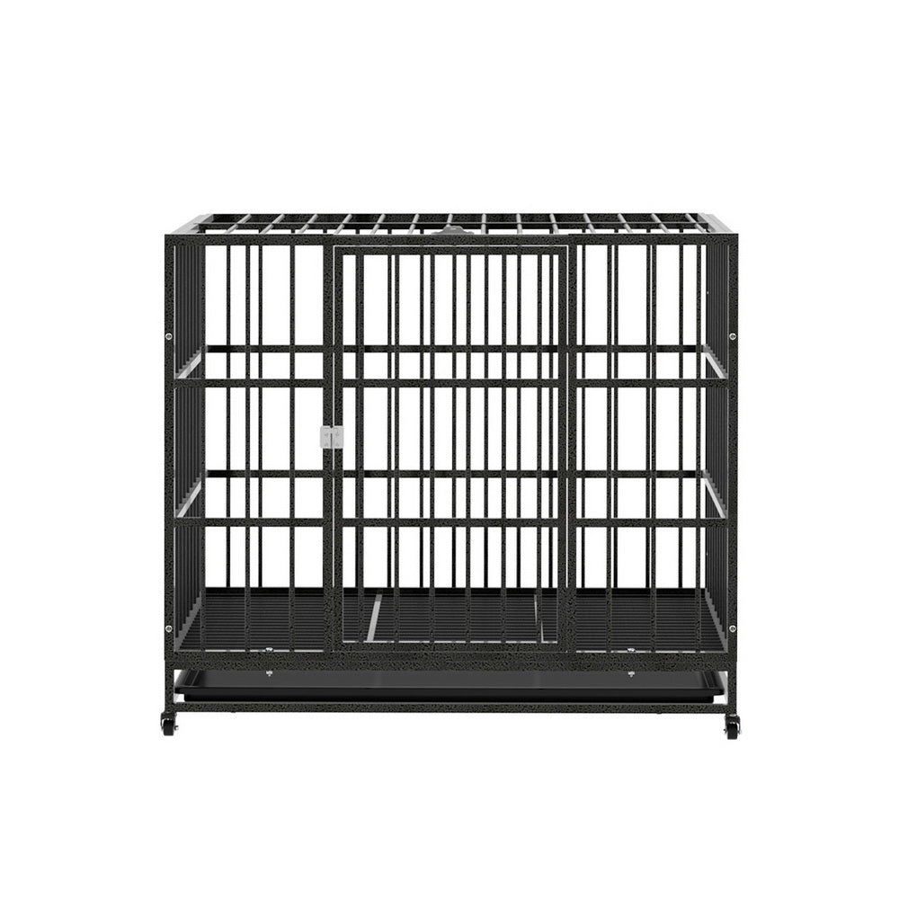 i.Pet Large Metal Dog Crate Anti-Bite Kennel Black Wheels Tray