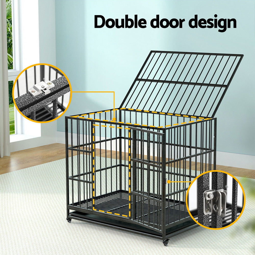 i.Pet Large Metal Dog Crate Anti-Bite Kennel Black Wheels Tray