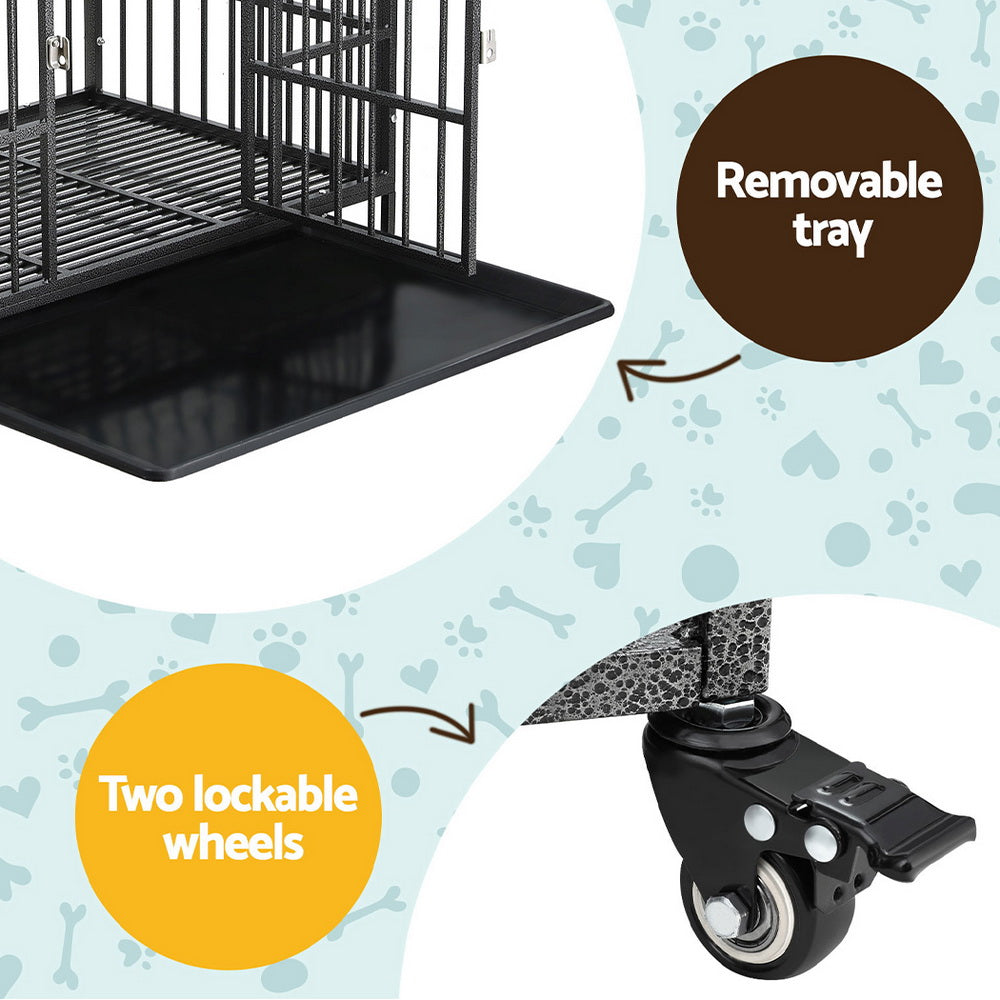 i.Pet Large Metal Dog Crate Anti-Bite Kennel Black Wheels Tray