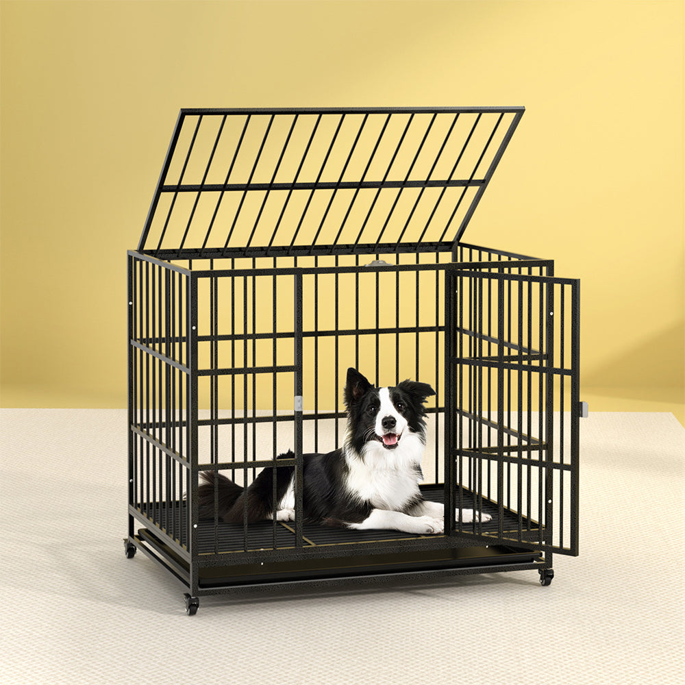 i.Pet Large Metal Dog Crate Anti-Bite Kennel Black Wheels Tray