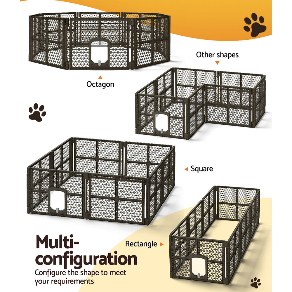i.Pet 8 Panel Pet Playpen Enclosure Plastic Fence Brown