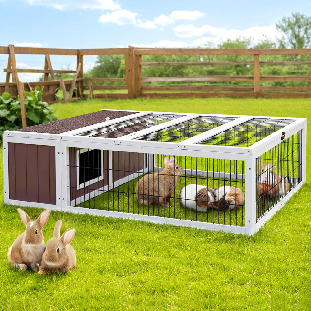 i.Pet Large Outdoor Rabbit Hutch Wooden Brown White