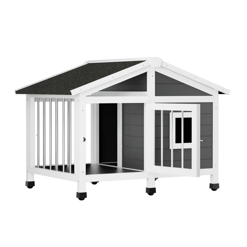 i.Pet Large Wooden Dog Kennel Outdoor Indoor Grey White