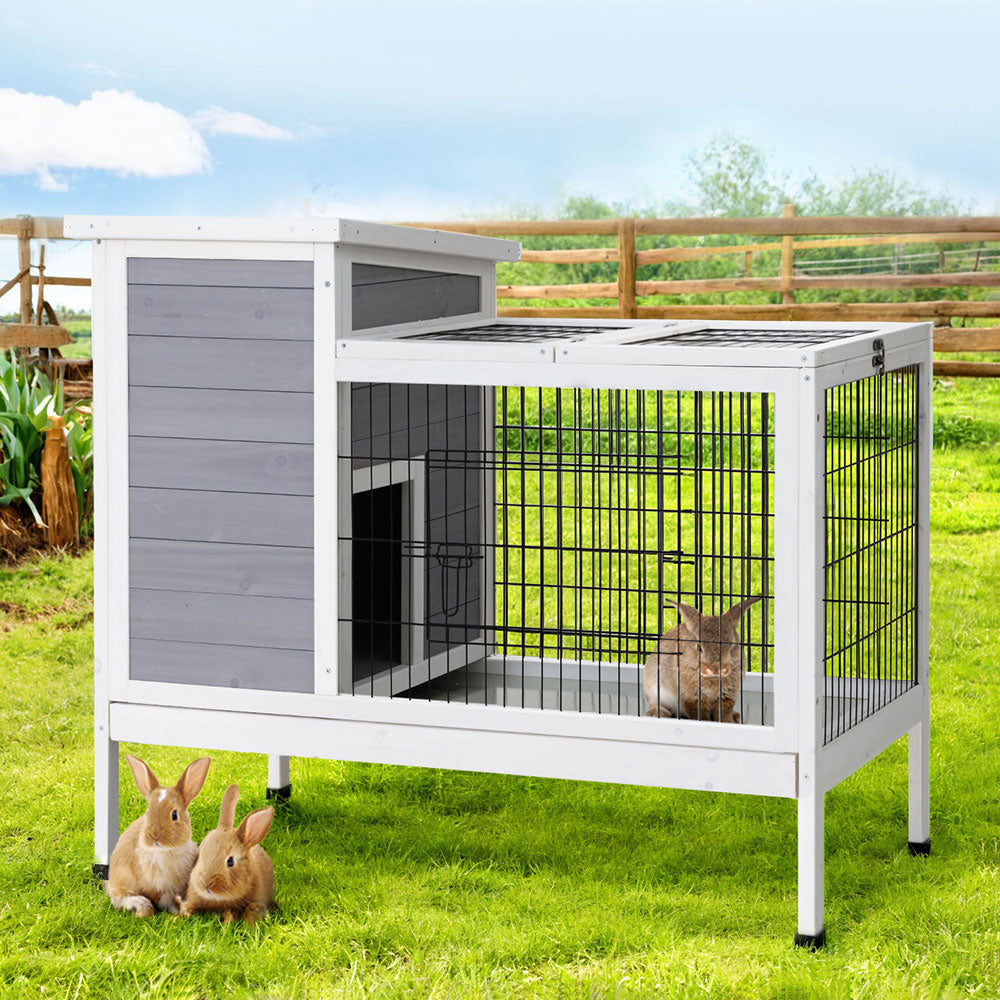 i.Pet Wooden Rabbit Hutch Large Outdoor Cage Grey/White