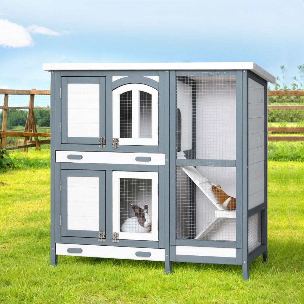 i.Pet Large Wooden Rabbit Hutch Chicken Coop Grey/White