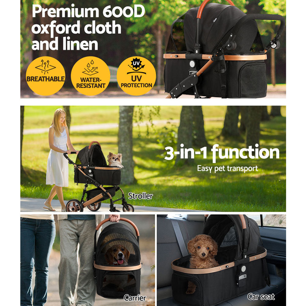 i.Pet Large Dog Pram Cat Carrier Foldable Stroller Rose Gold Black