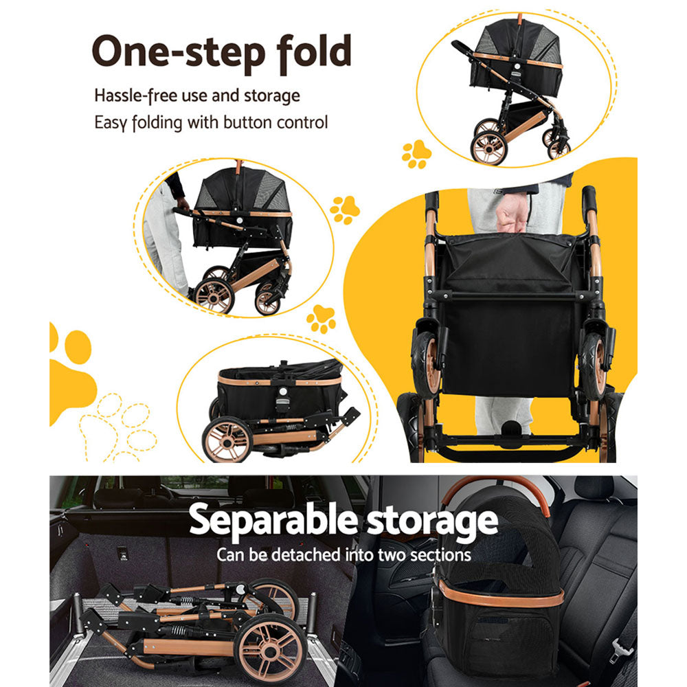 i.Pet Large Dog Pram Cat Carrier Foldable Stroller Rose Gold Black