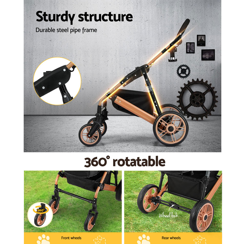 i.Pet Large Dog Pram Cat Carrier Foldable Stroller Rose Gold Black