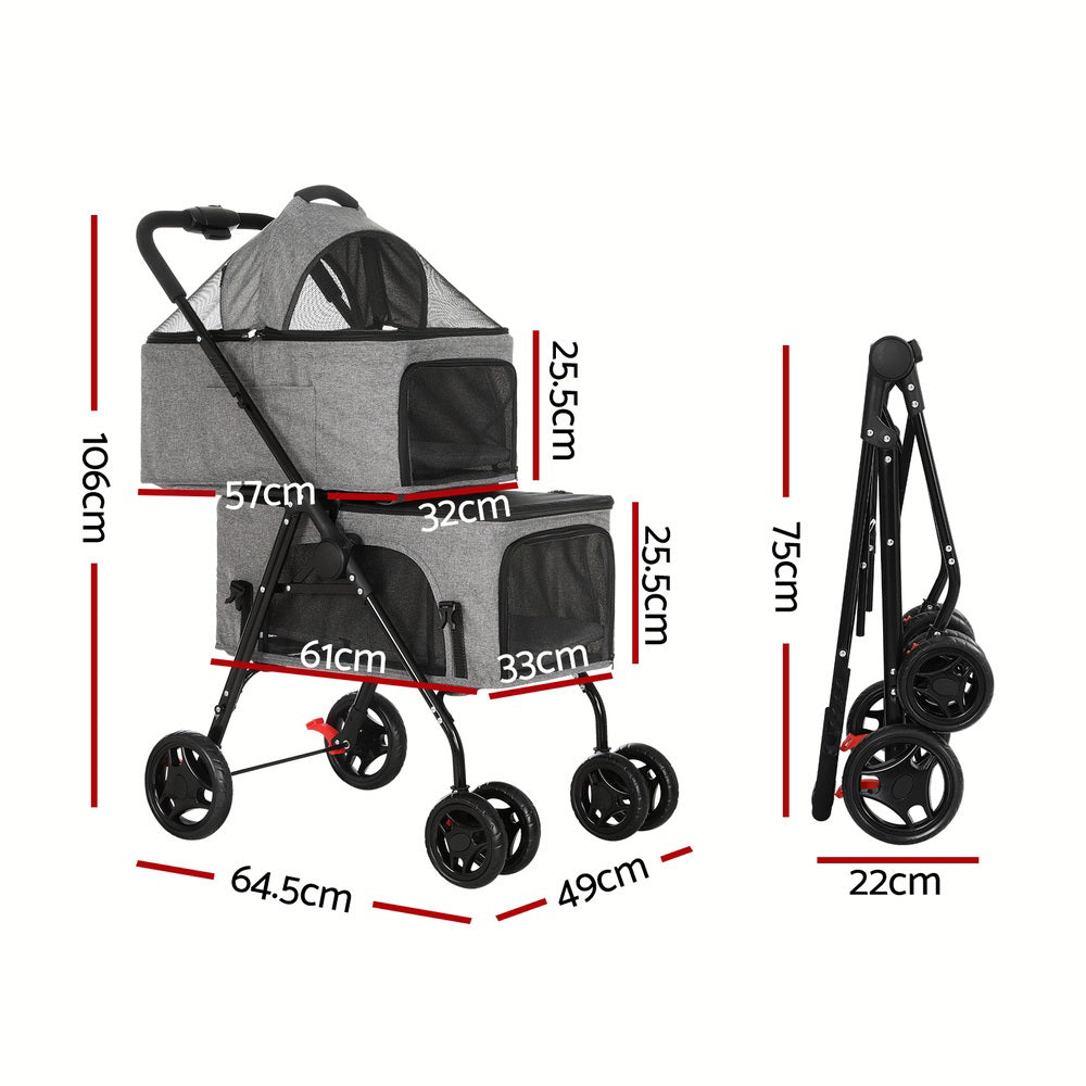 i.Pet Large 2-Tier Pet Stroller Foldable Grey
