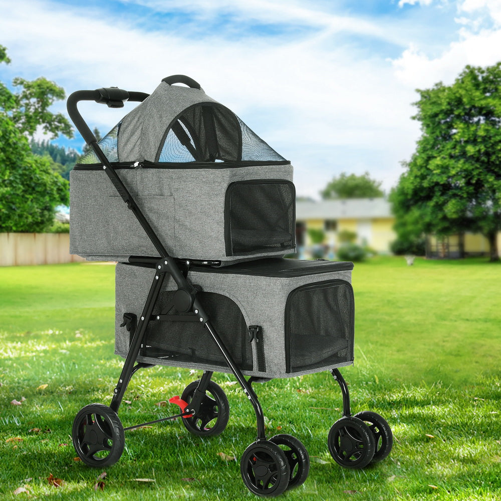 i.Pet Large 2-Tier Pet Stroller Foldable Grey