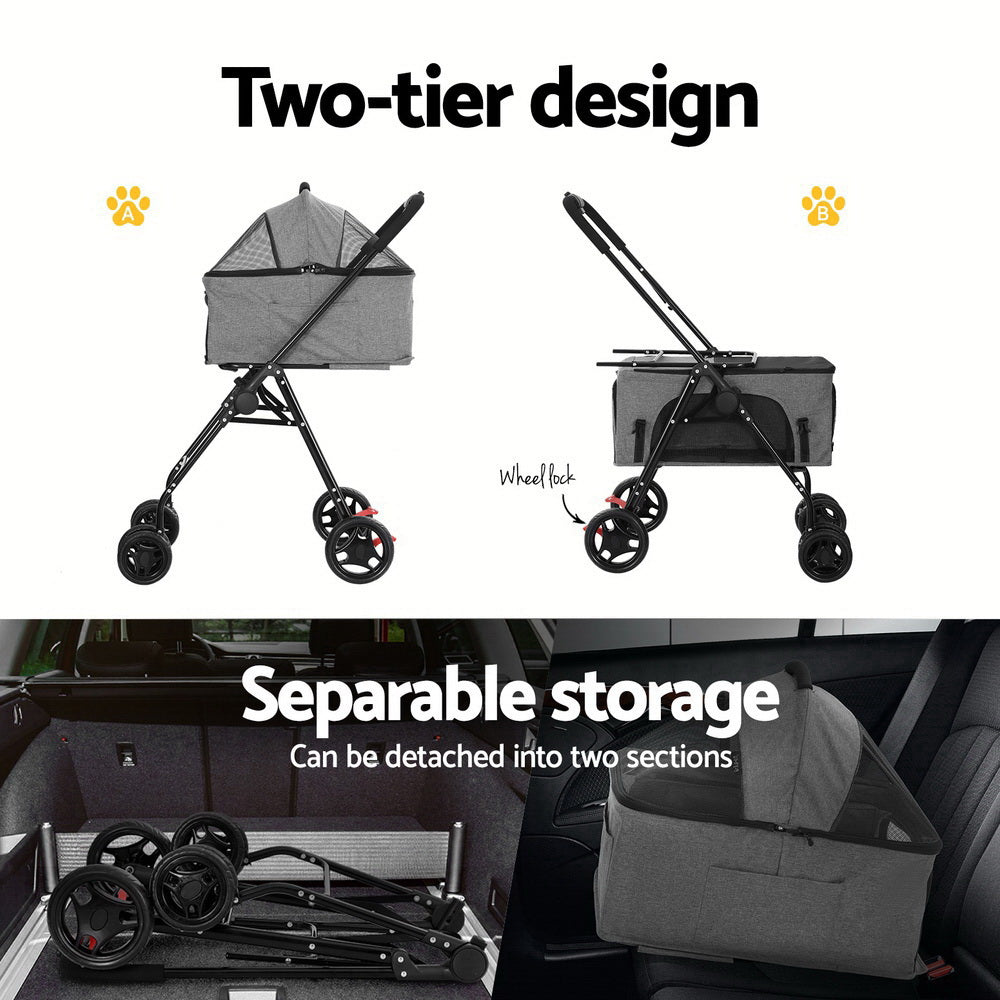 i.Pet Large 2-Tier Pet Stroller Foldable Grey