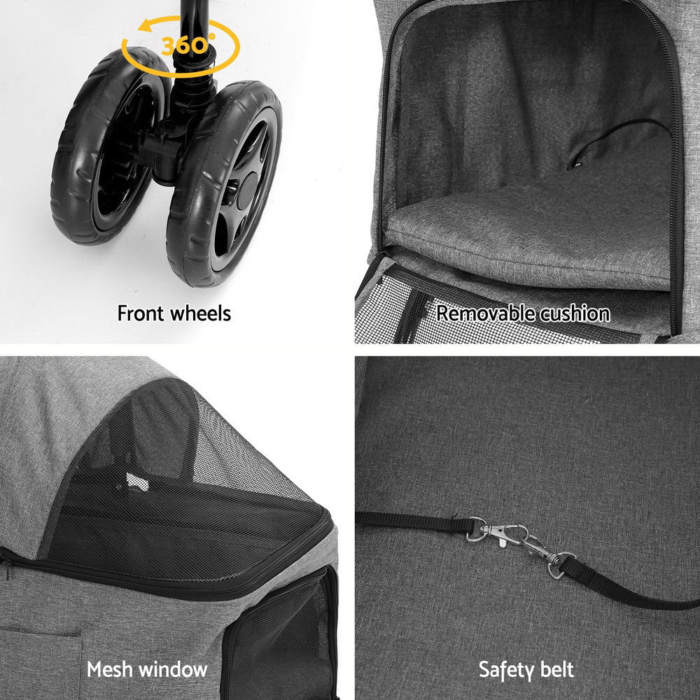 i.Pet Large 2-Tier Pet Stroller Foldable Grey