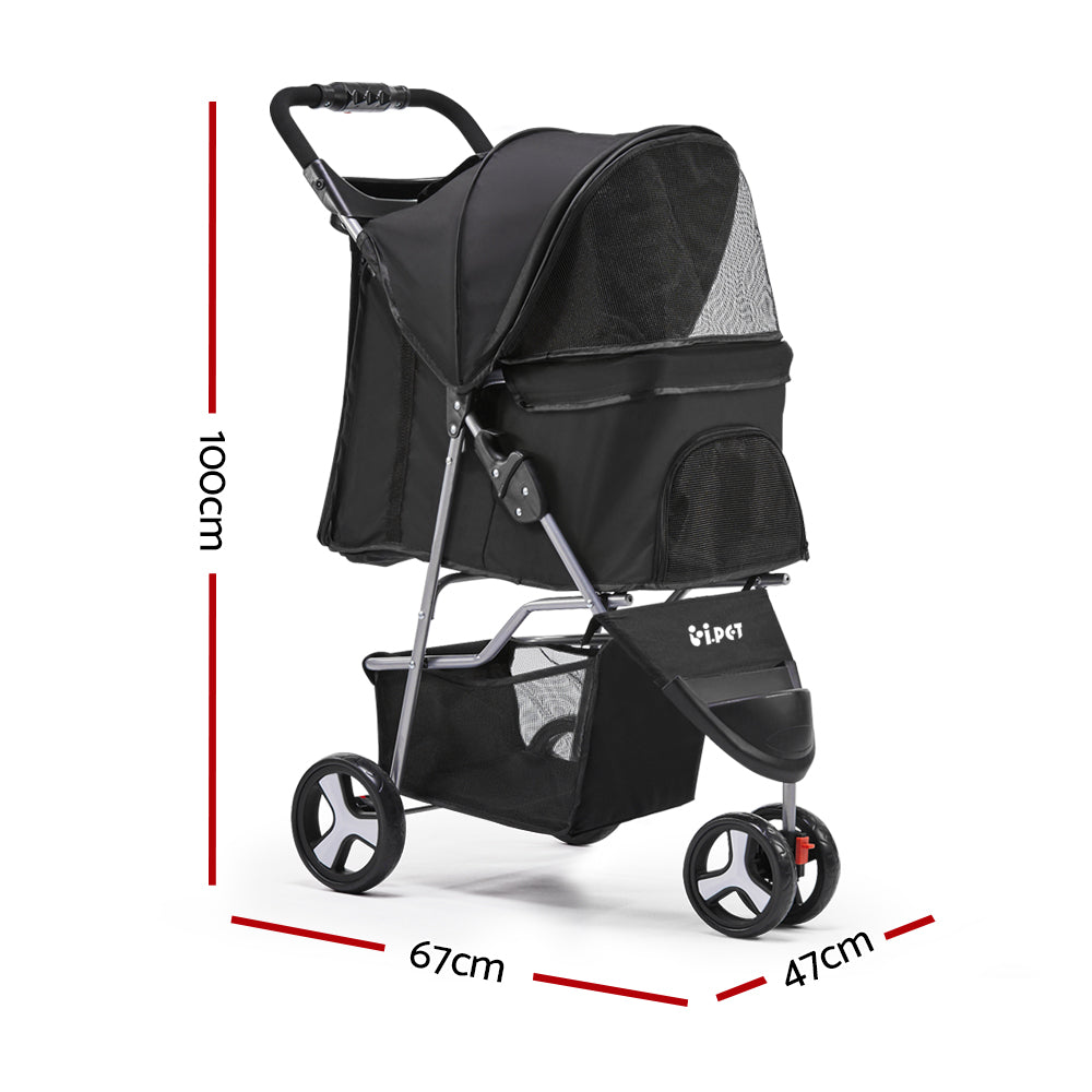 i.Pet Large Pet Stroller Foldable 3-Wheel Black