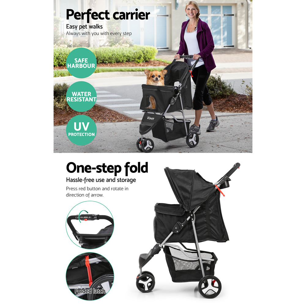 i.Pet Large Pet Stroller Foldable 3-Wheel Black