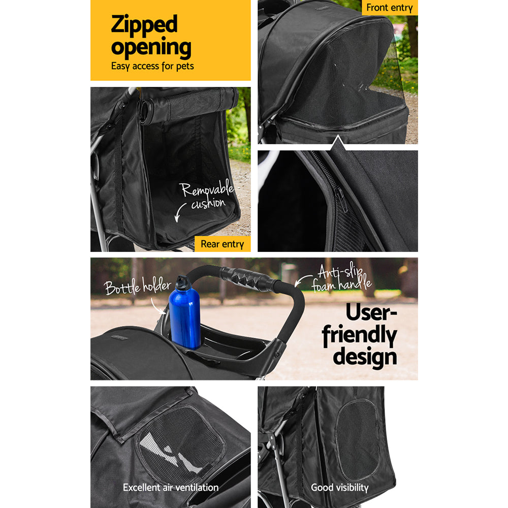 i.Pet Large Pet Stroller Foldable 3-Wheel Black