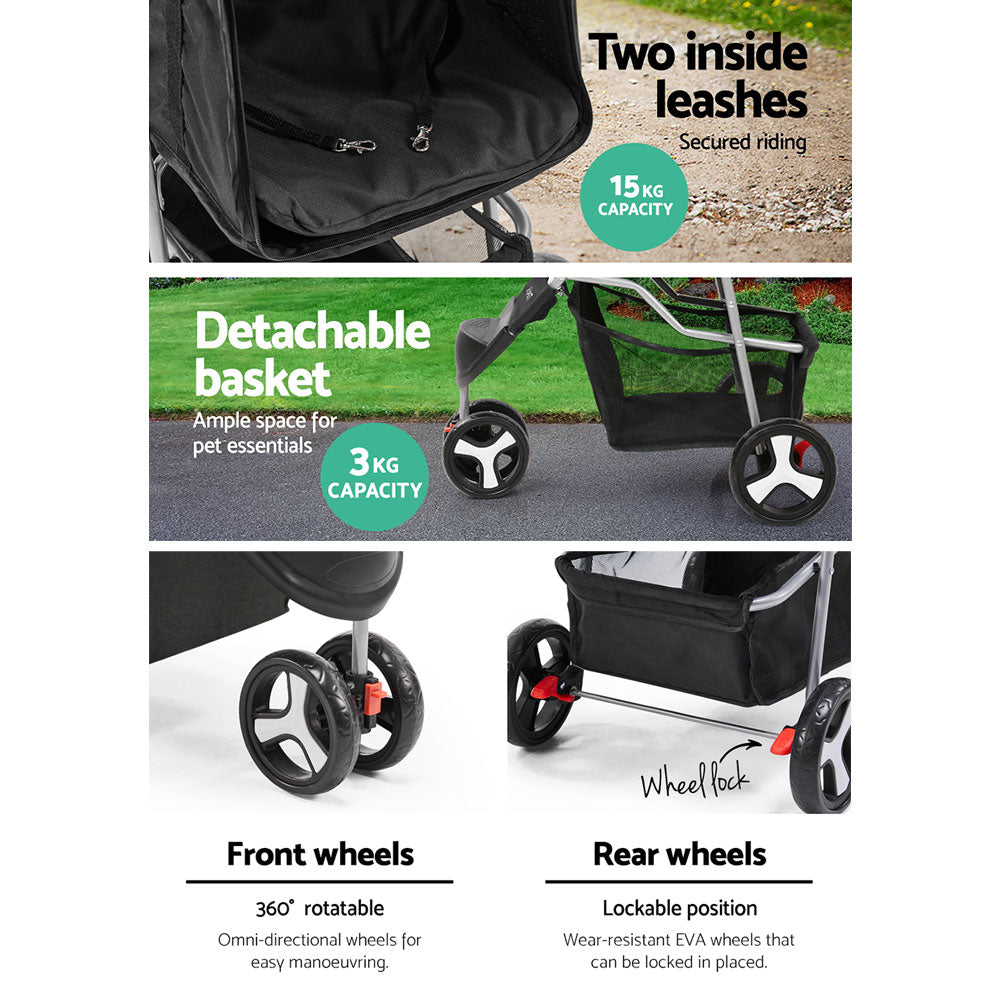 i.Pet Large Pet Stroller Foldable 3-Wheel Black