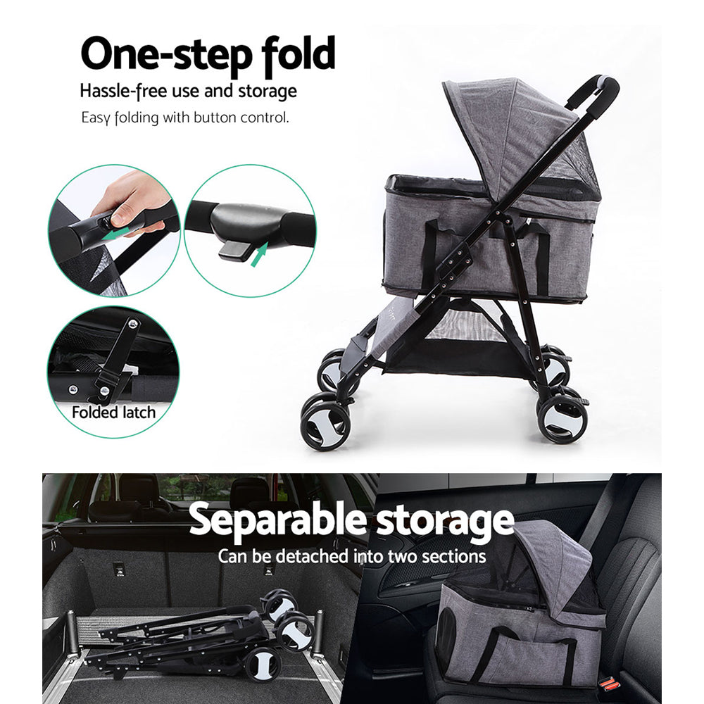 i.Pet Large Pet Stroller Foldable 4-Wheel Grey