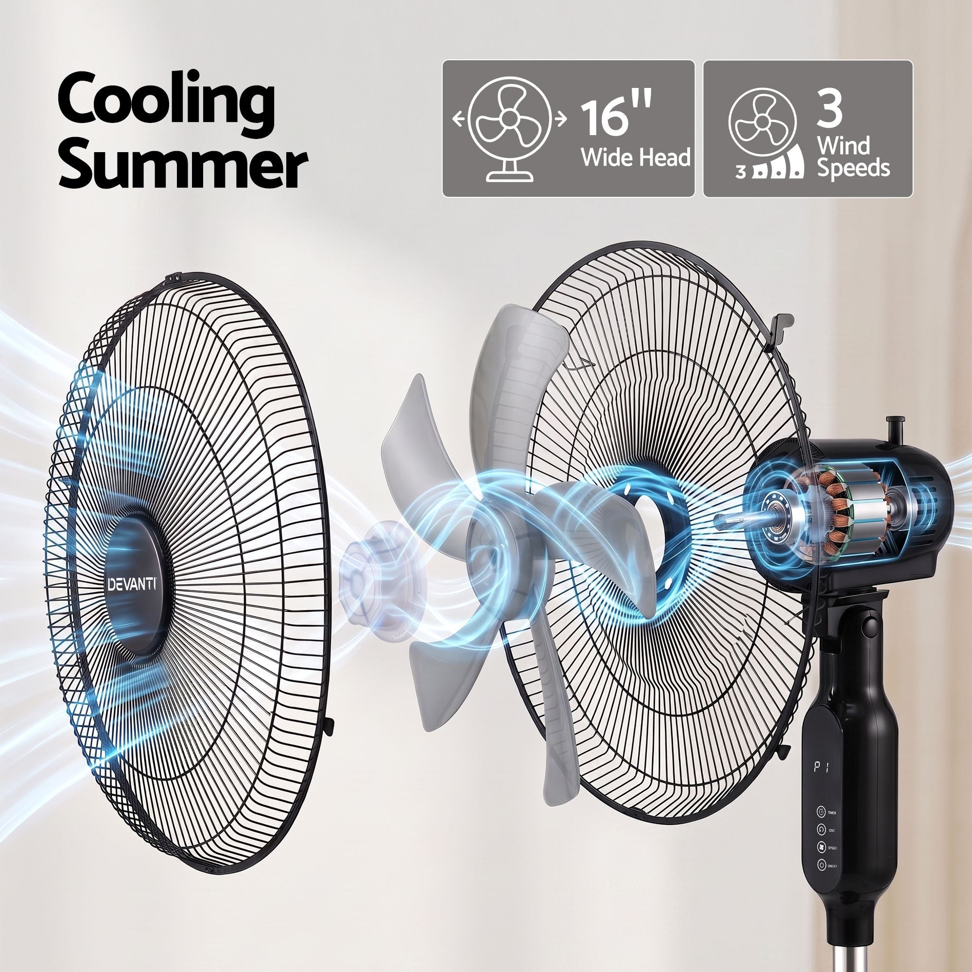 DEVANTI 16" Pedestal Fan with Remote 3 Speeds 8H Timer, Black