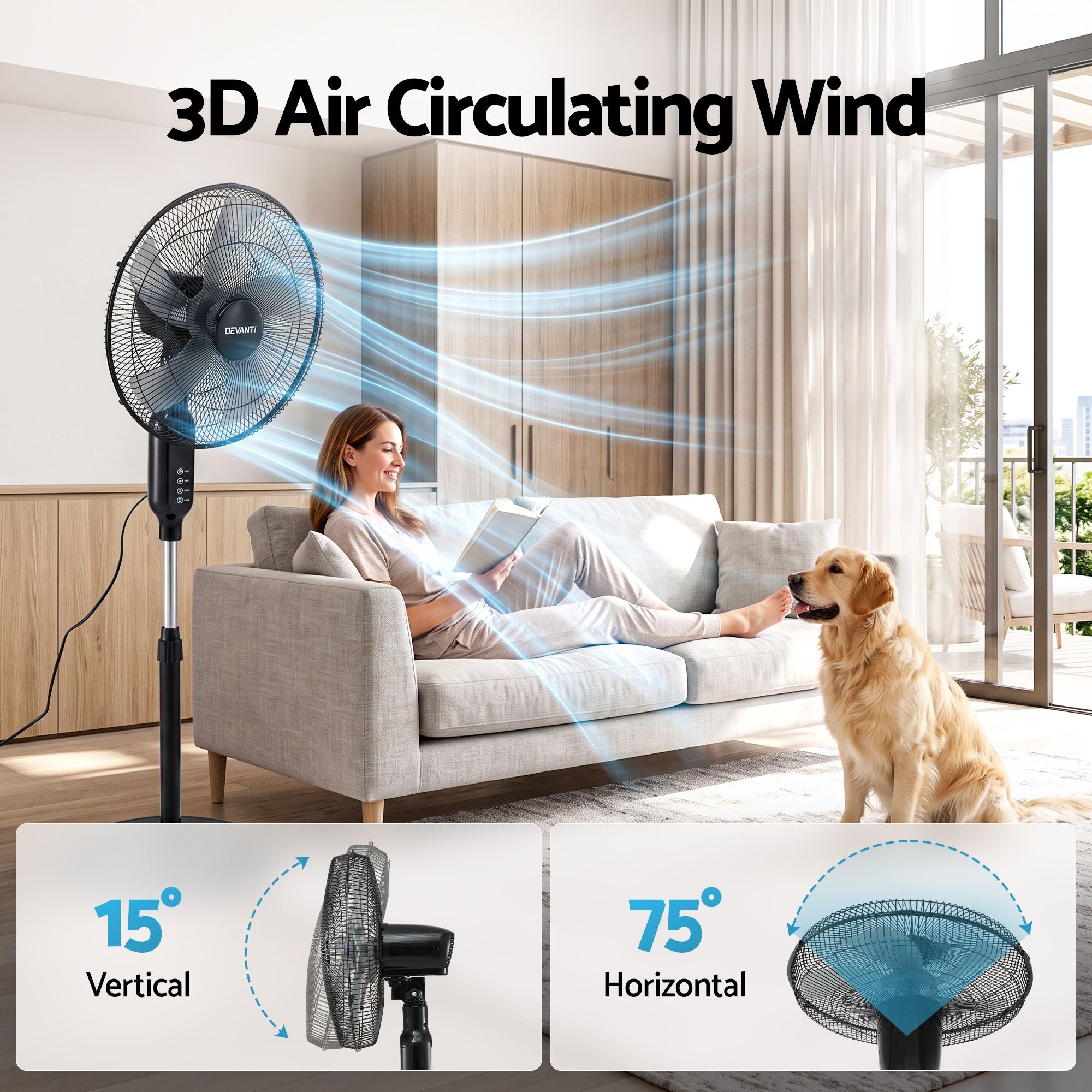 DEVANTI 16" Pedestal Fan with Remote 3 Speeds 8H Timer, Black