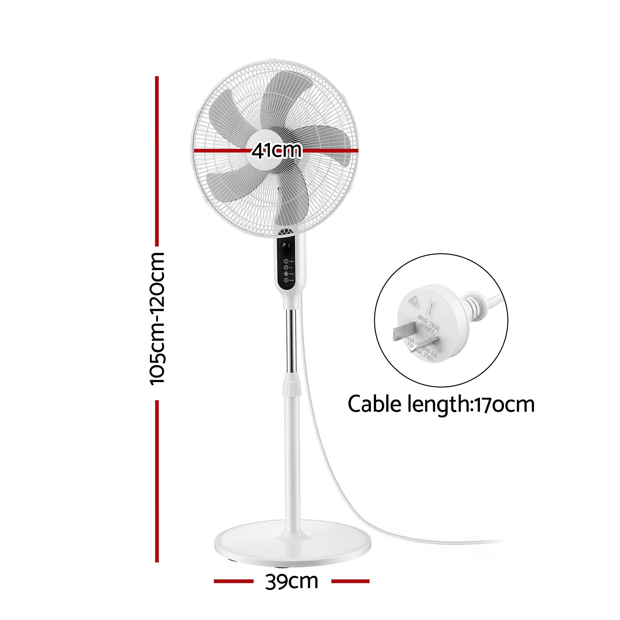 DEVANTI 16" Pedestal Fan with Remote 3 Speeds 8H Timer, White