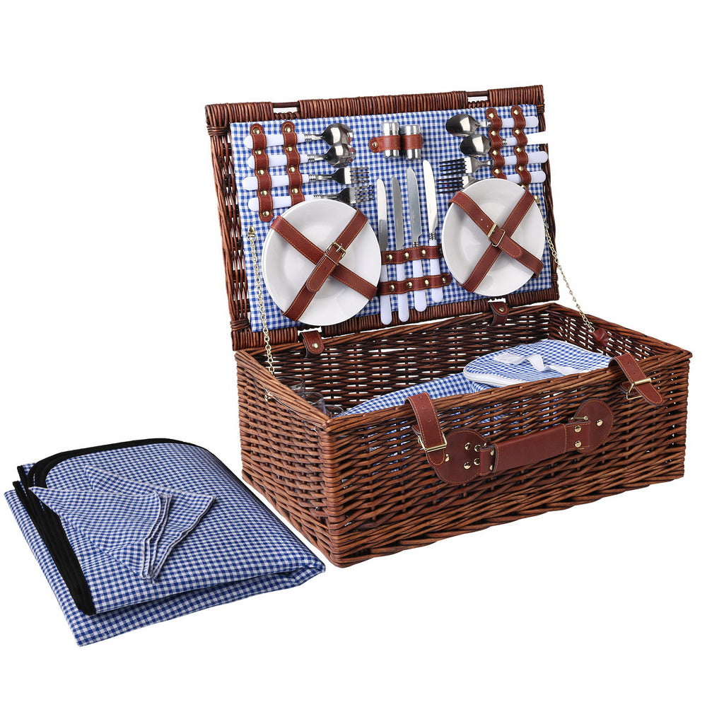 Alfresco 4 Person Picnic Basket Set Insulated with Blanket Brown/Blue