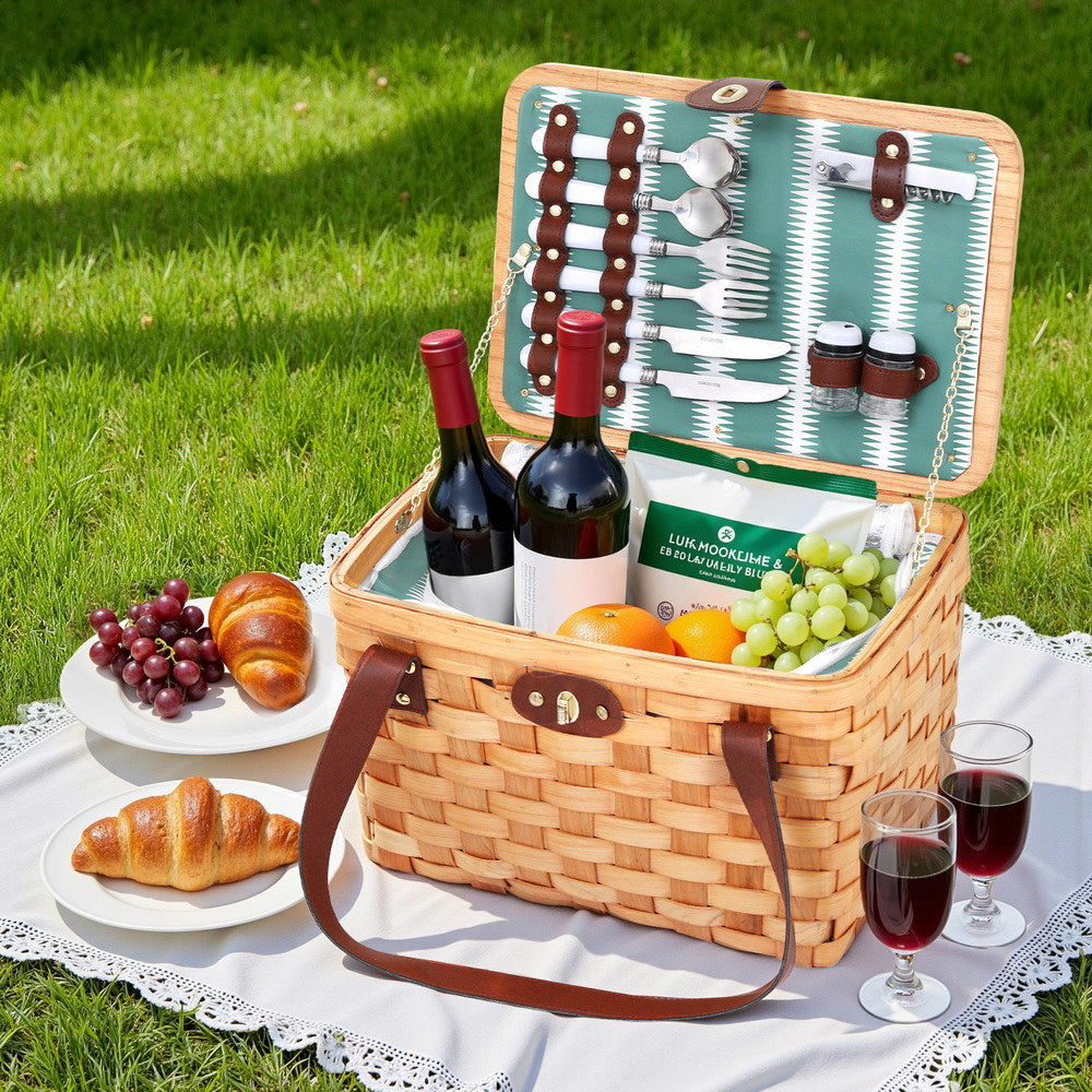 Alfresco 2-Person Picnic Basket Wooden Insulated Cooler Set
