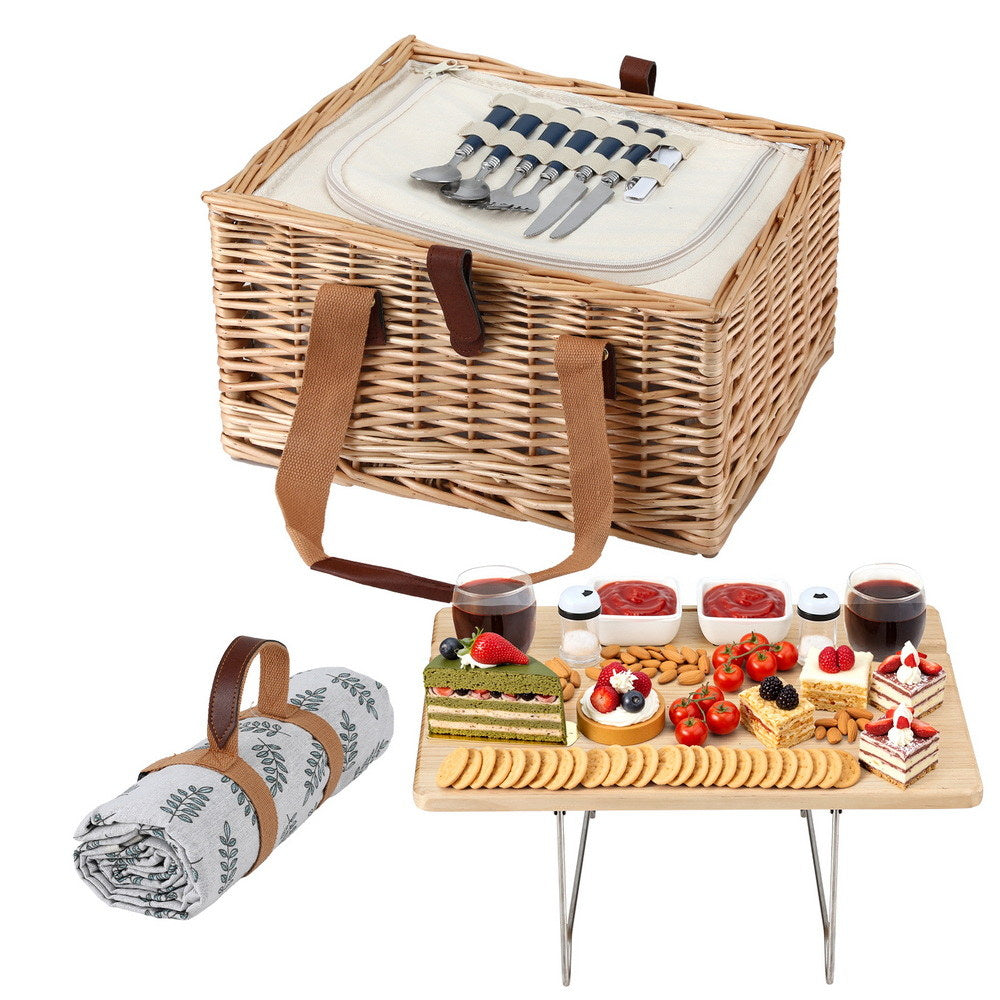 Alfresco 2-Person Picnic Basket Set Wooden Table Insulated Cooler Blanket