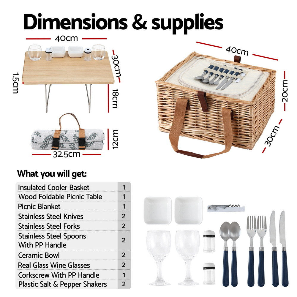 Alfresco 2-Person Picnic Basket Set Wooden Table Insulated Cooler Blanket