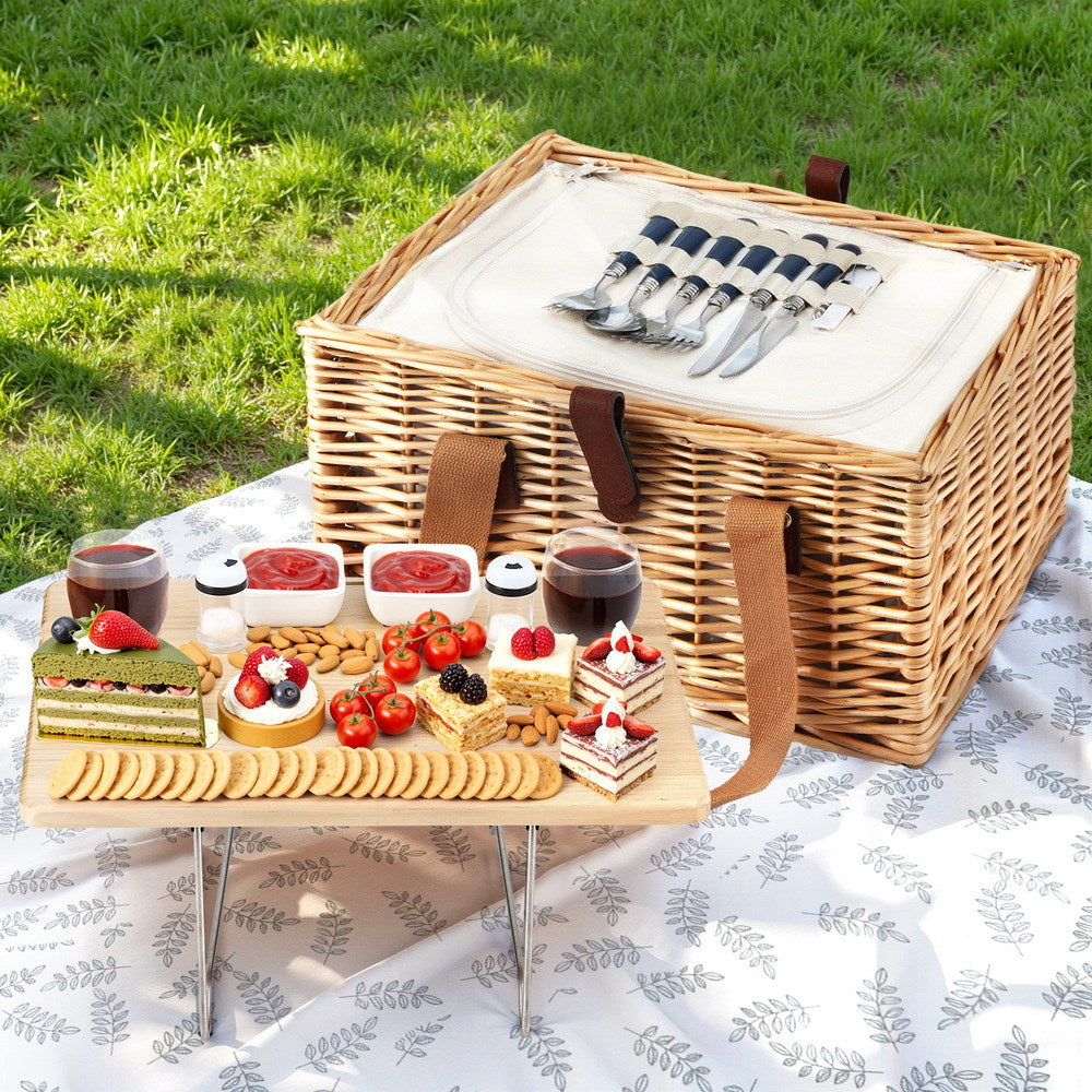 Alfresco 2-Person Picnic Basket Set Wooden Table Insulated Cooler Blanket