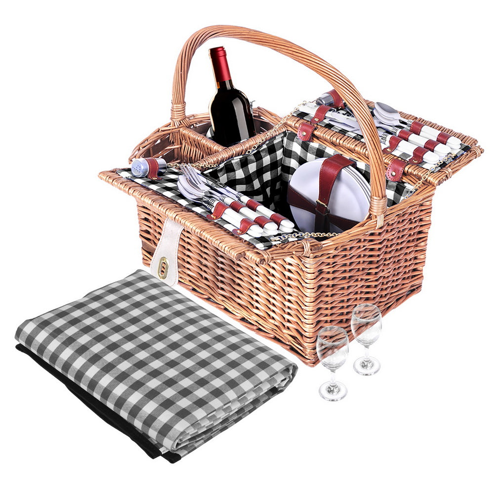 Alfresco 4 Person Picnic Basket Set Insulated with Blanket Brown