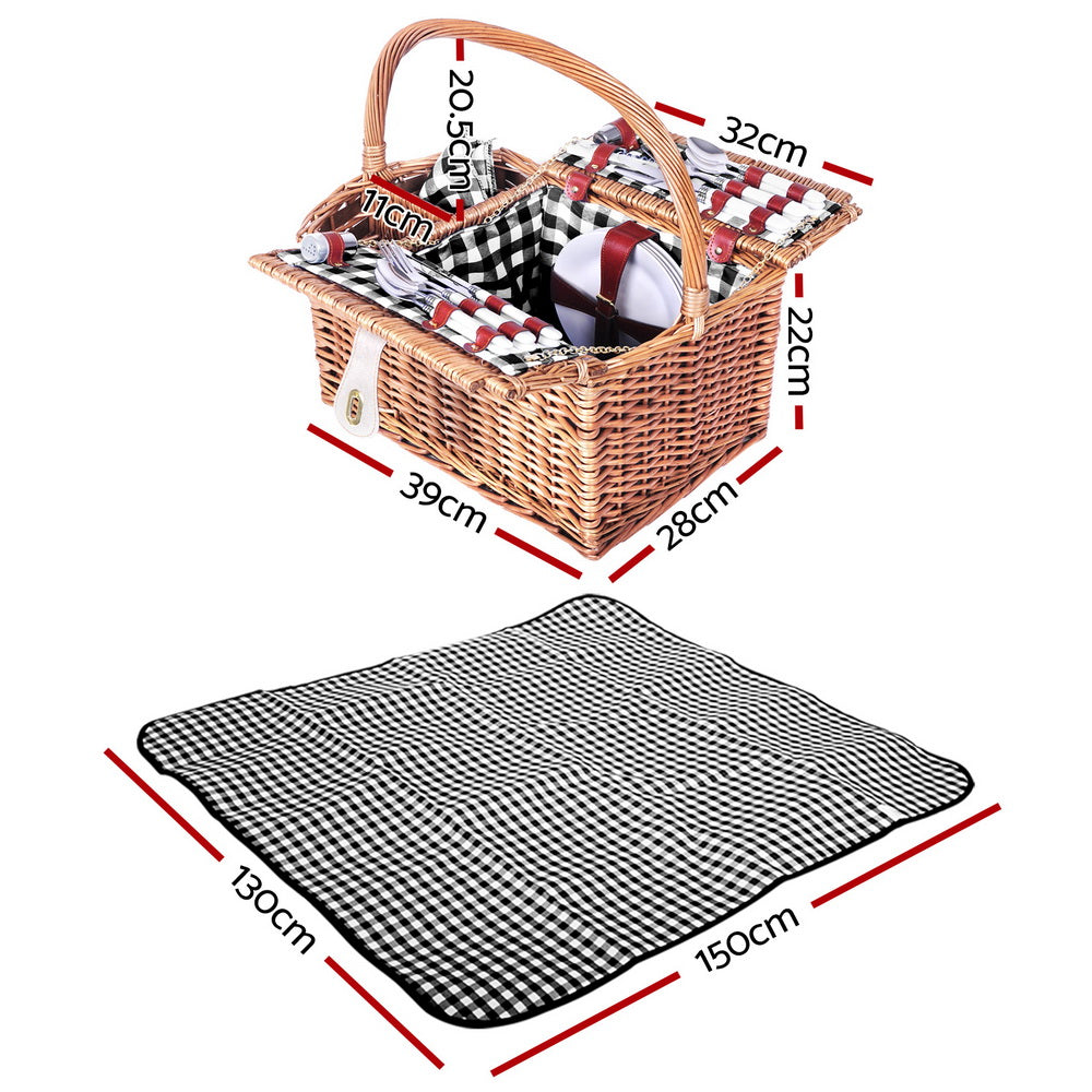 Alfresco 4 Person Picnic Basket Set Insulated with Blanket Brown
