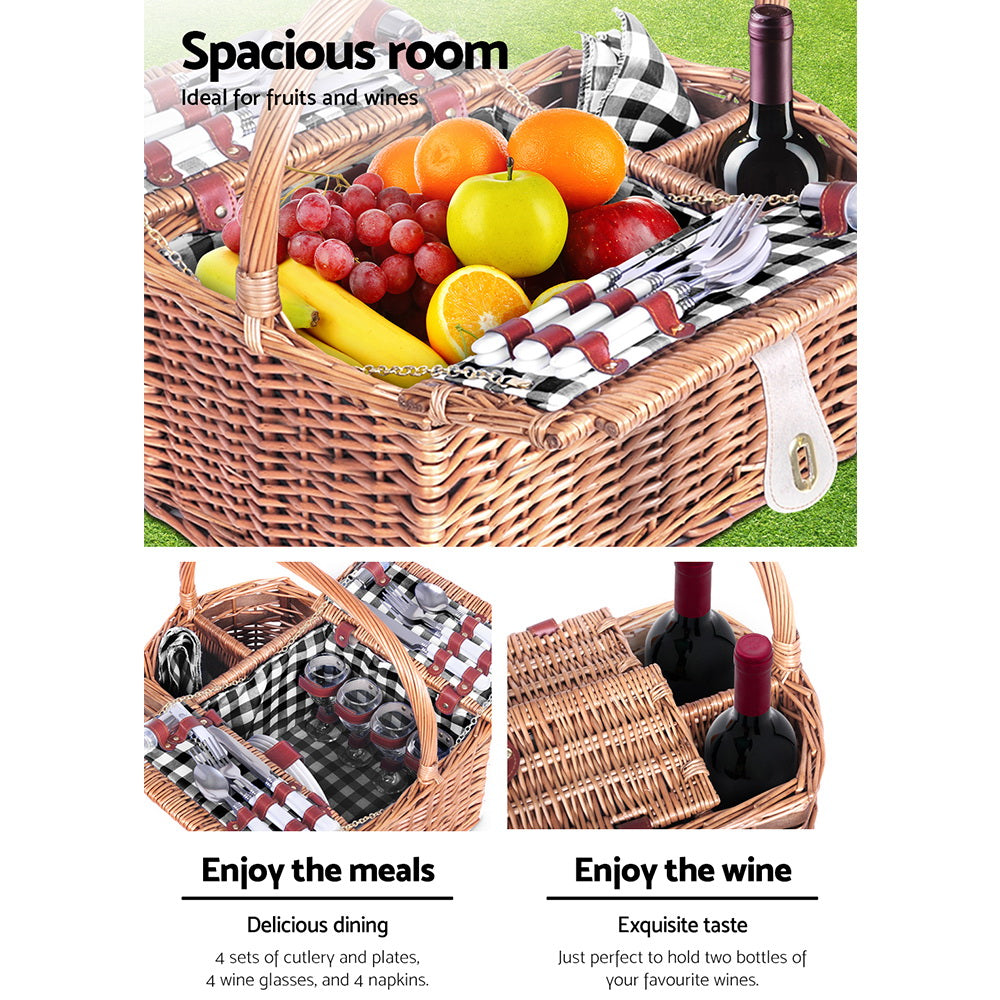 Alfresco 4 Person Picnic Basket Set Insulated with Blanket Brown