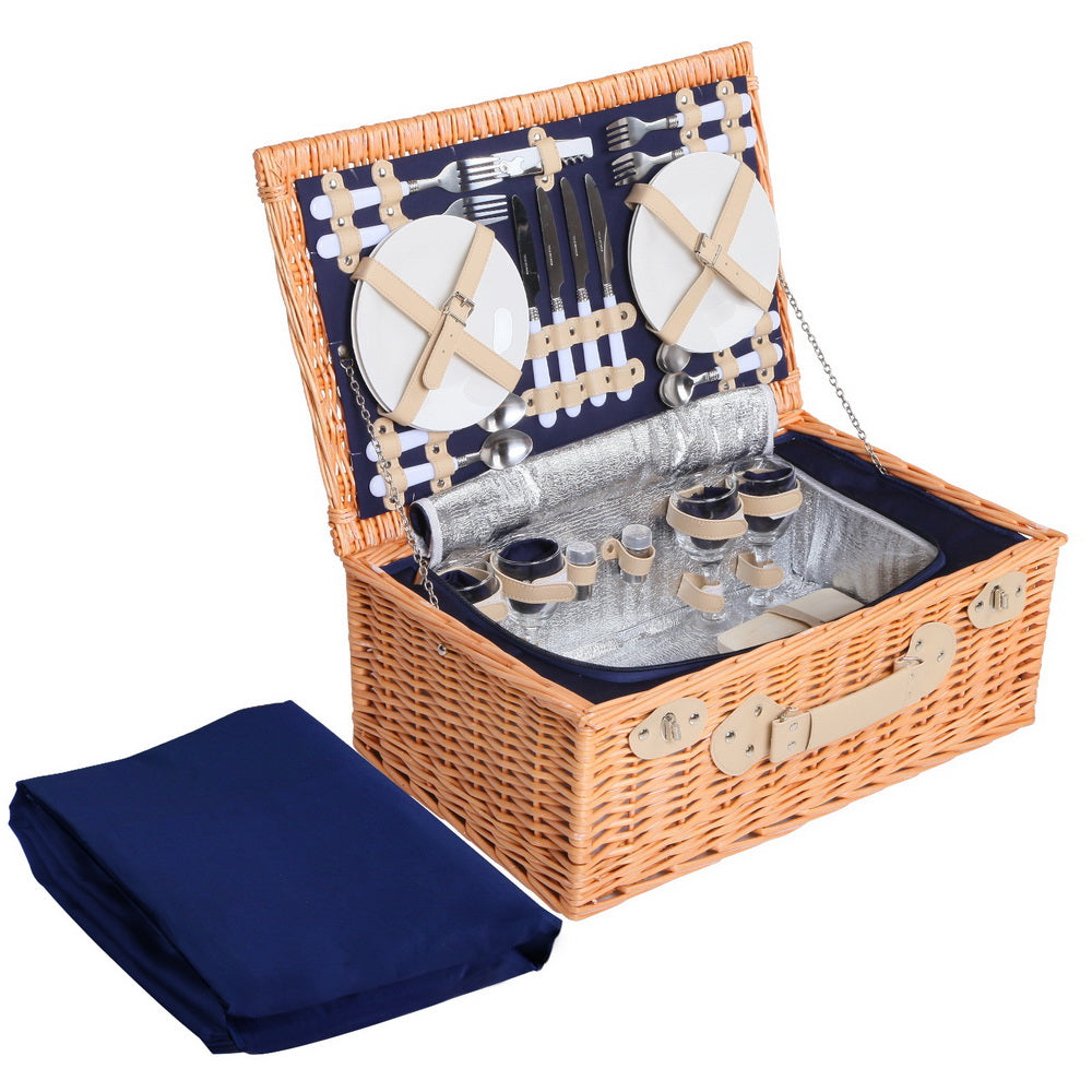Alfresco 4 Person Picnic Basket Set Insulated Cooler Bag Blanket Blue
