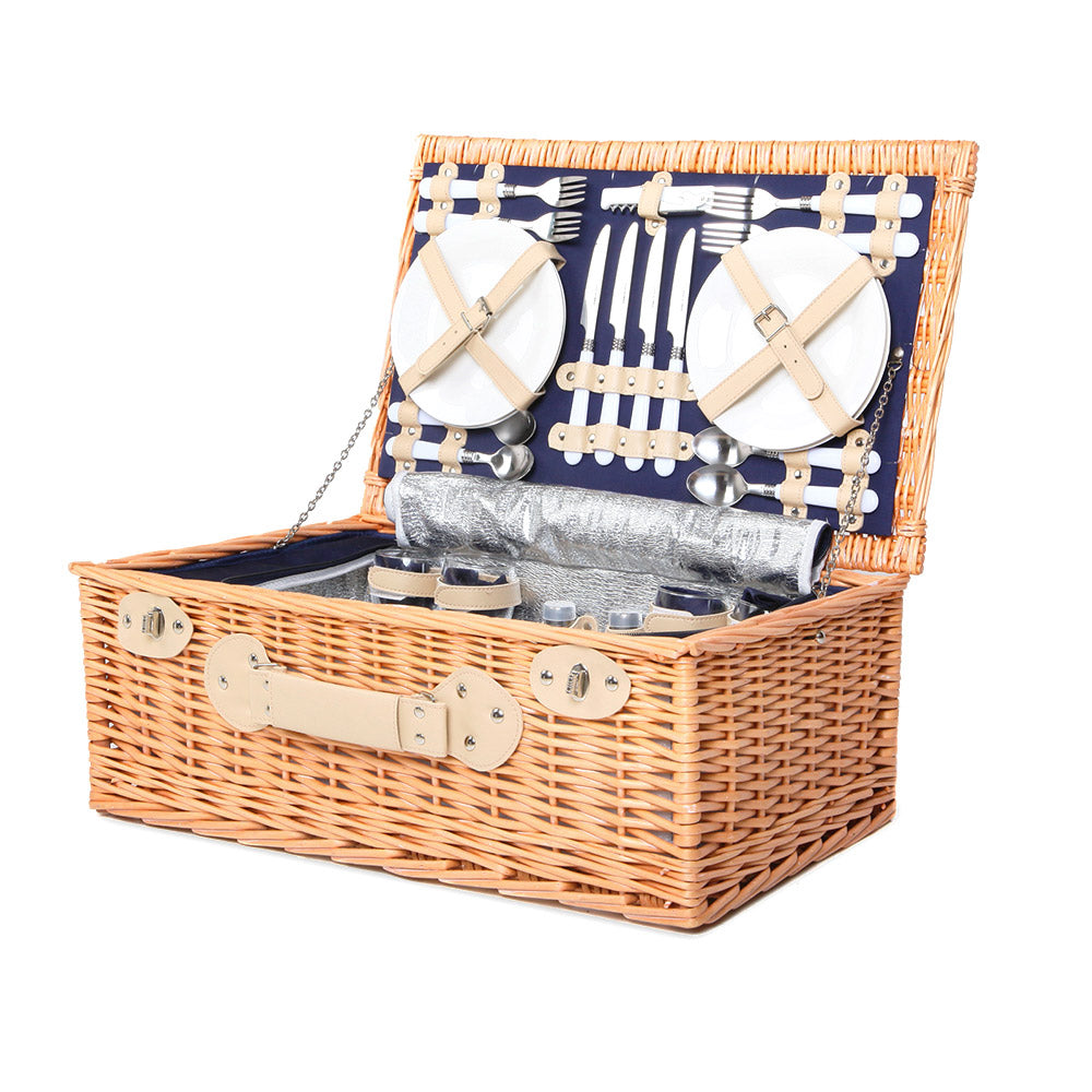 Alfresco 4 Person Picnic Basket Set Insulated Cooler Bag Blanket Blue
