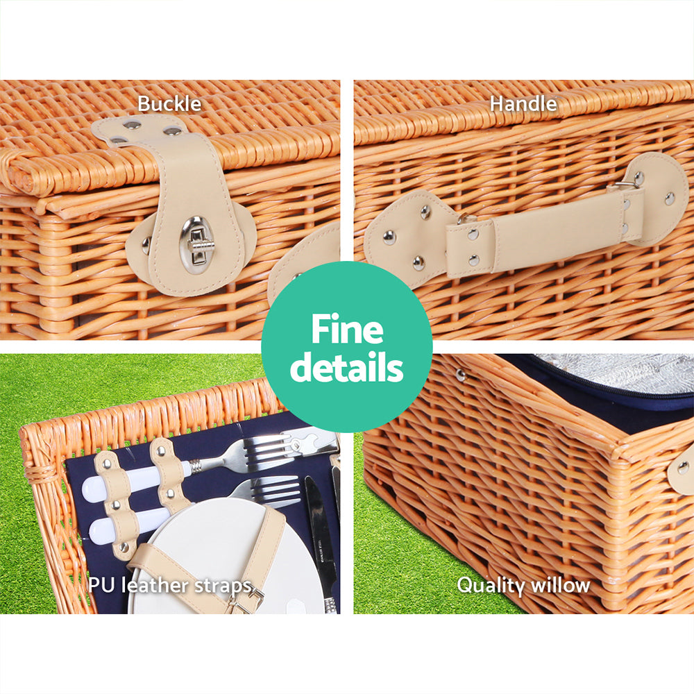 Alfresco 4 Person Picnic Basket Set Insulated Cooler Bag Blanket Blue