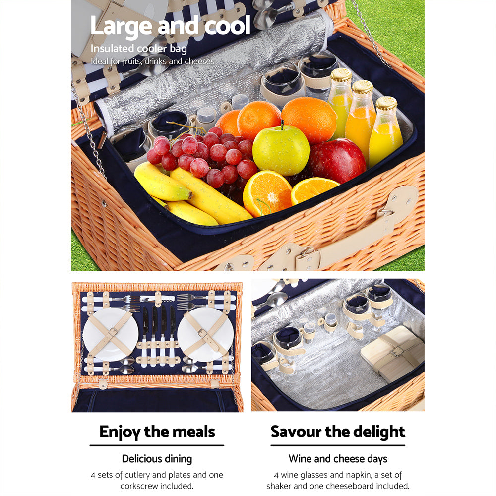 Alfresco 4 Person Picnic Basket Set Insulated Cooler Bag Blanket Blue