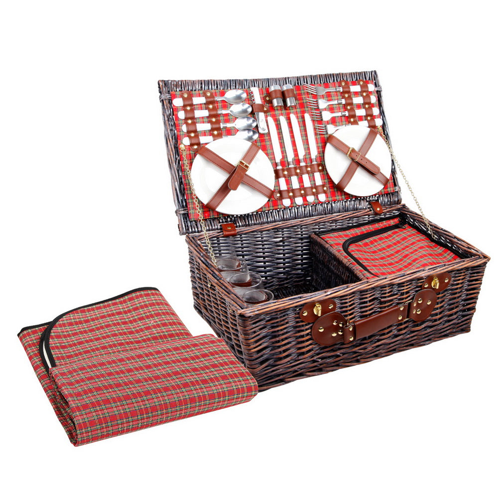 Alfresco 4 Person Picnic Basket Set Insulated Blanket Red