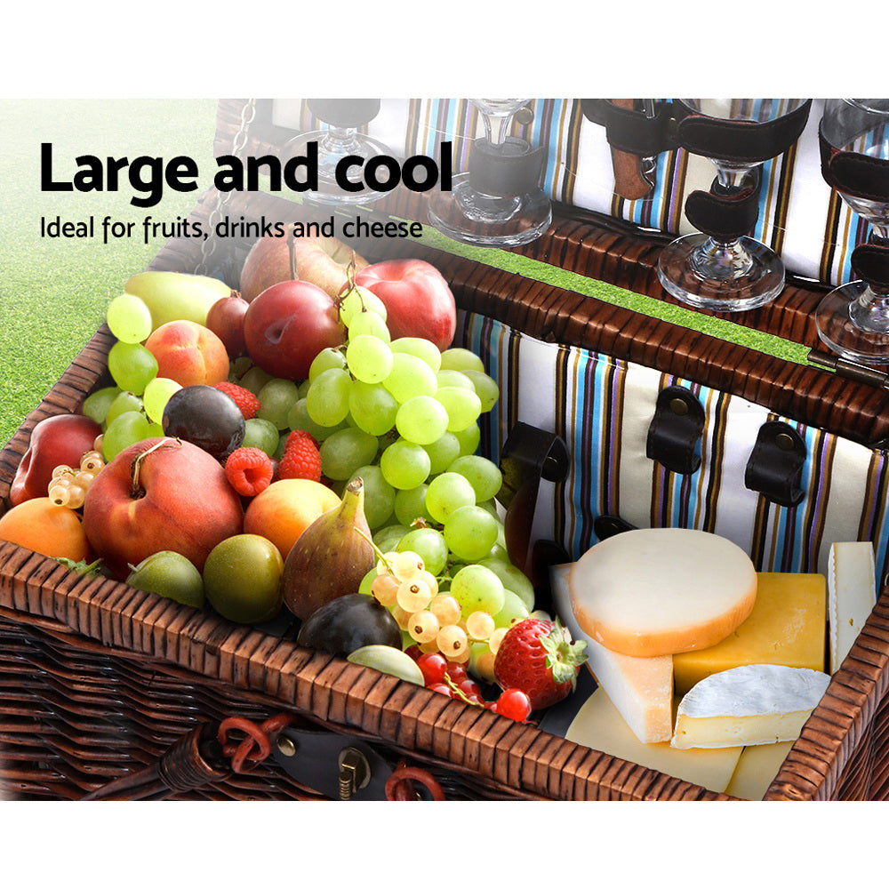 Alfresco 4 Person Picnic Basket Set Folding Insulated Bag Brown