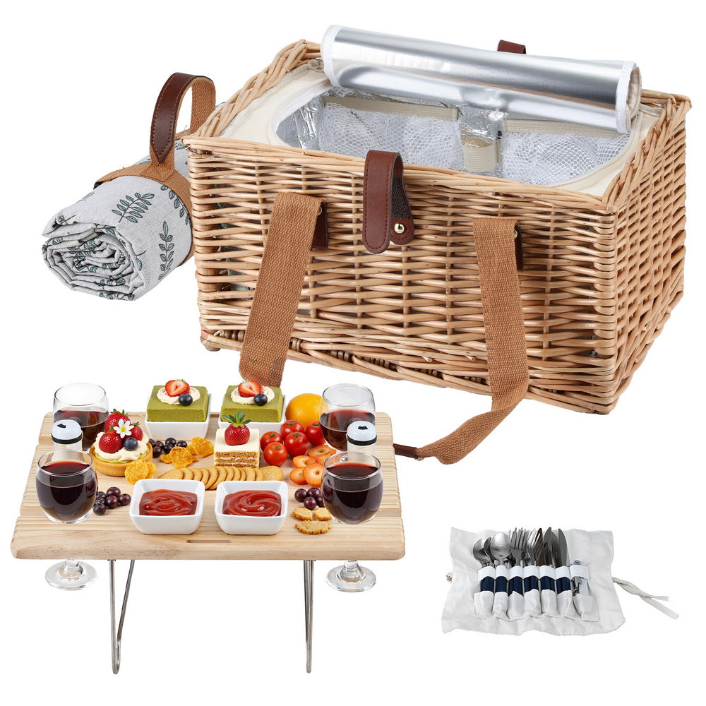 Alfresco 4-Person Picnic Basket Set Insulated Cooler Table Blanket