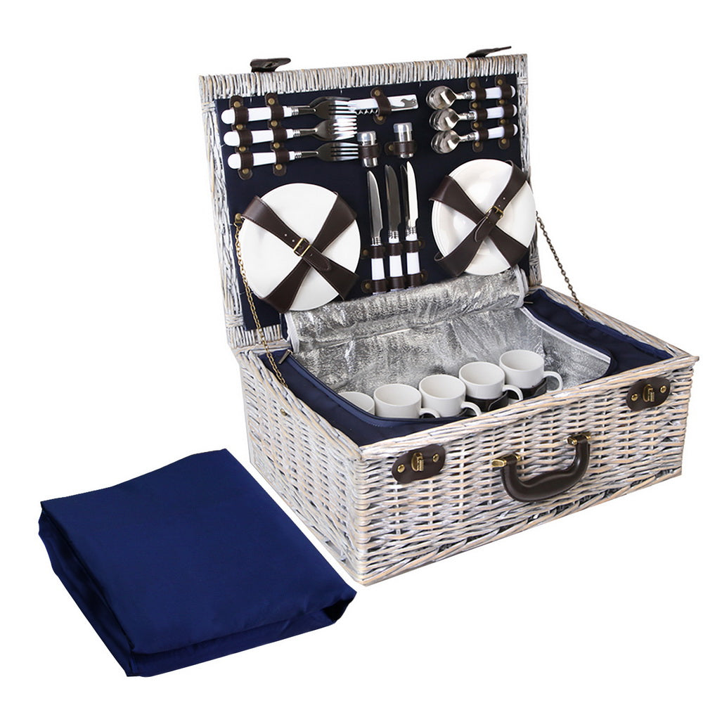 Alfresco 6-Person Picnic Basket Set Insulated Cooler Blanket Navy