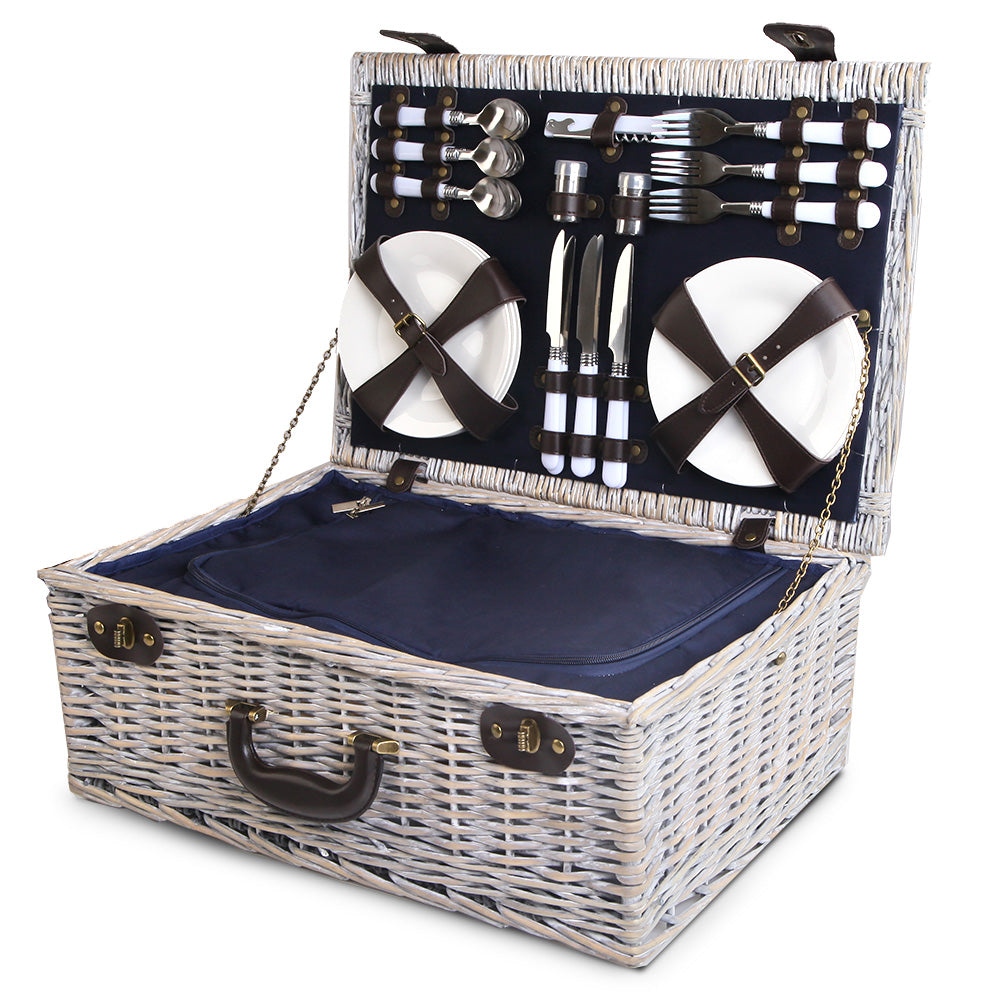 Alfresco 6-Person Picnic Basket Set Insulated Cooler Blanket Navy