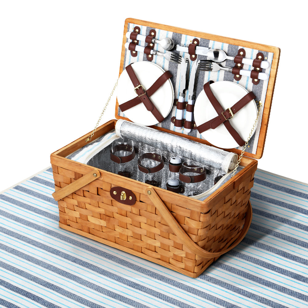 Alfresco 4-Person Picnic Basket Set Insulated Blue with Blanket