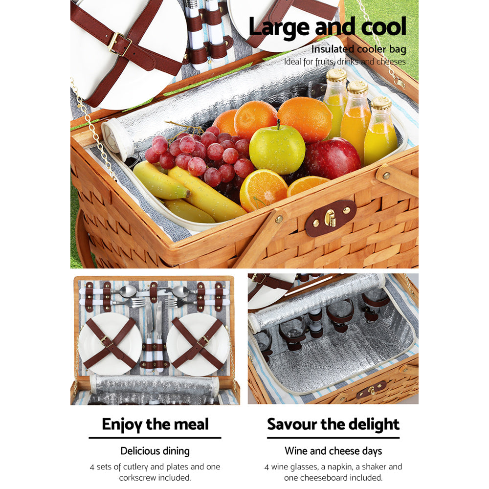 Alfresco 4-Person Picnic Basket Set Insulated Blue with Blanket