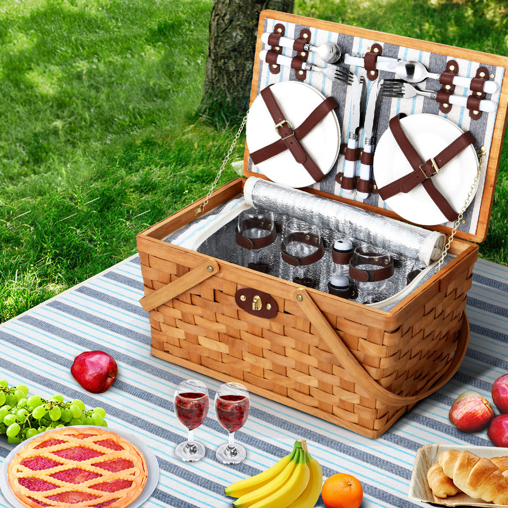 Alfresco 4-Person Picnic Basket Set Insulated Blue with Blanket