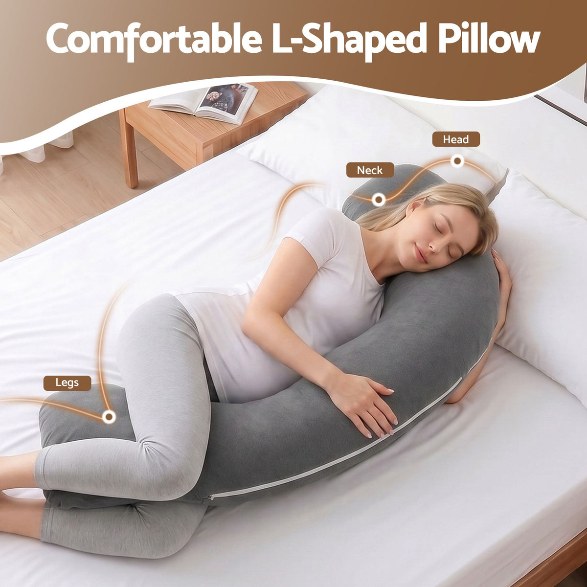 Giselle Bedding Pregnancy Pillow L-Shaped Body Pillow 63x115 cm Grey