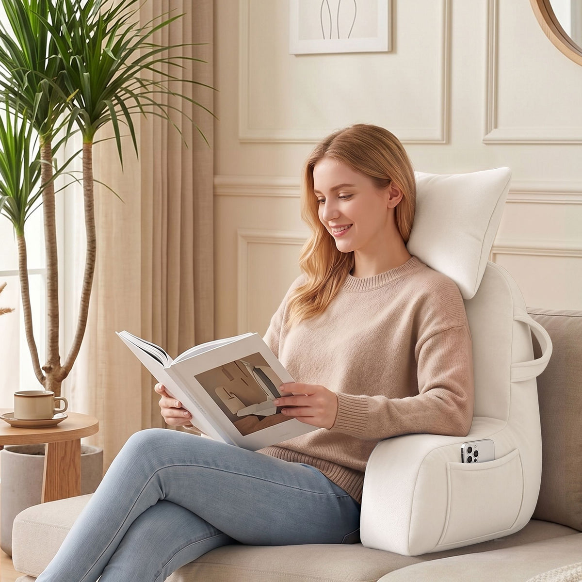 Giselle Bedding Reading Pillow with Armrests Back Support, Beige
