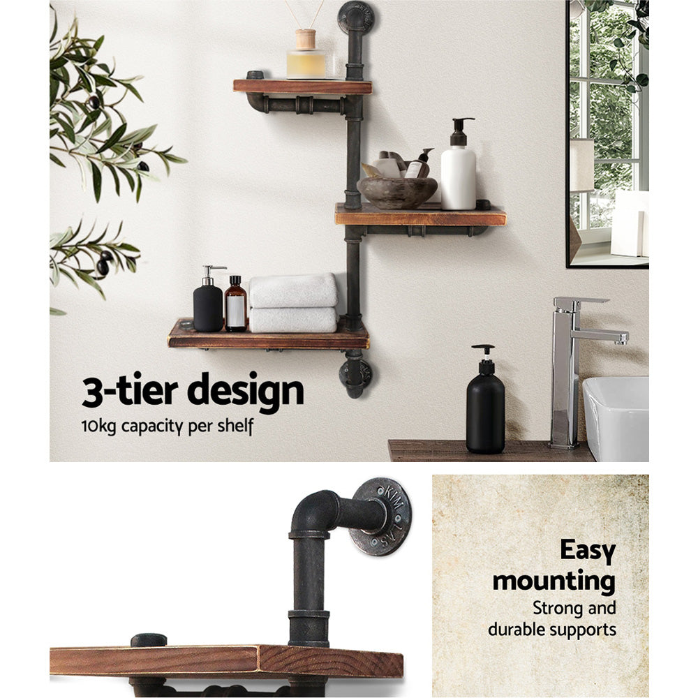 IVAN 3-Tier Floating Pipe Shelf DIY Industrial Timber