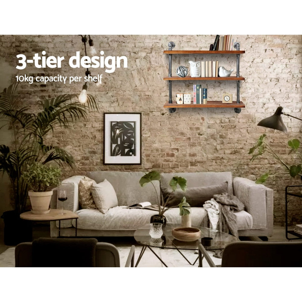 ISSA 3-Tier Floating Pipe Shelf Industrial Timber