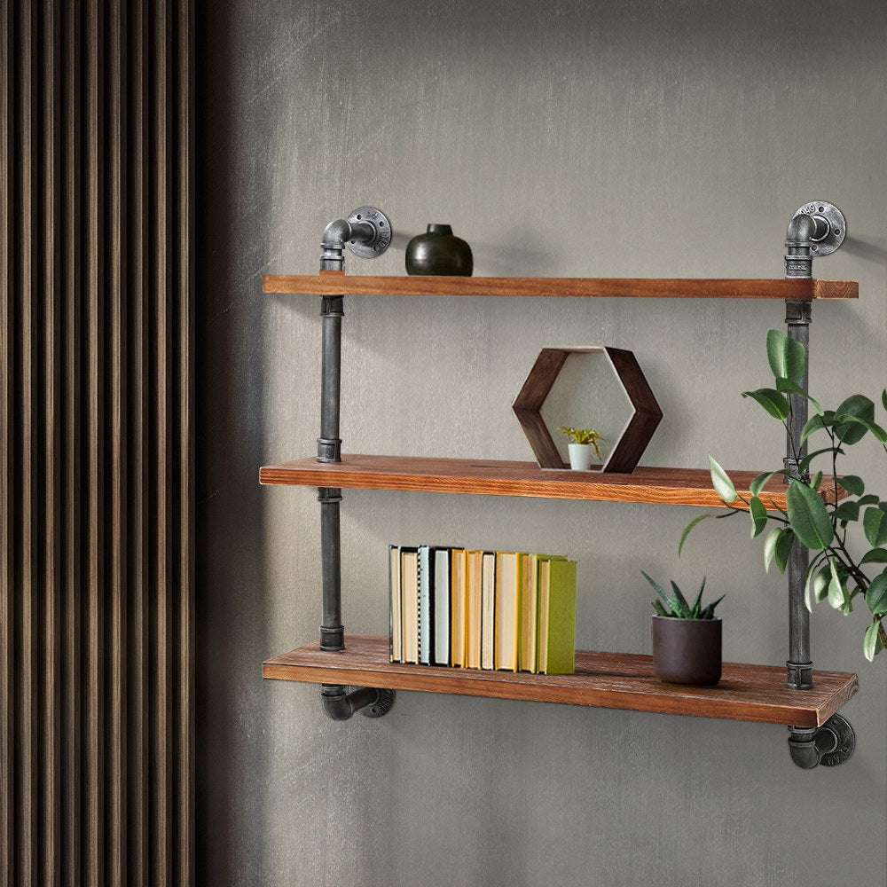 ISSA 3-Tier Floating Pipe Shelf Industrial Timber